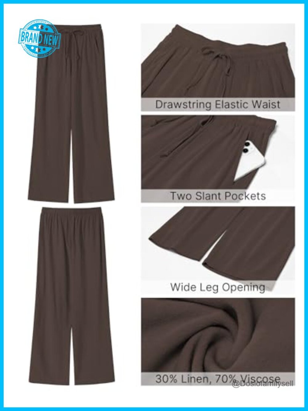 Wide Leg Linen Drawstring High Waisted Baggy Palazzo Pants with Pockets - Picture 4 of 6